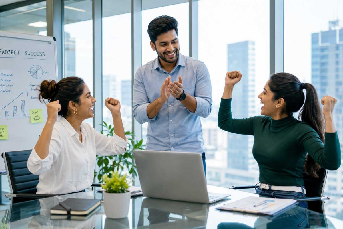 Three colleagues celebrating a successful project together in the office