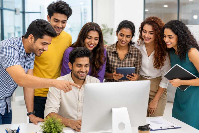 Group of colleagues gathered around a desktop computer discussing a project