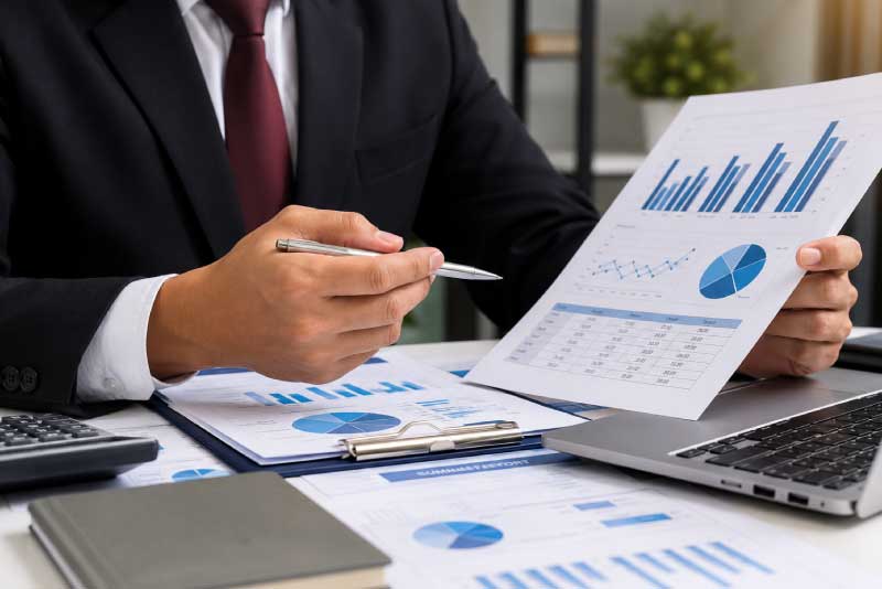 Professional reviewing data charts on a laptop